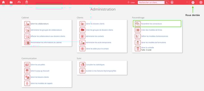 Sur cette image, on voit la page Administration de l'interface, avec une flèche qui pointe vers l'icône de la roue dentée située dans la barre de menu pour accéder à cette section. Sur la page, une liste de liens vers d'autres sous-pages est visible, avec le lien Paramétrer les connecteurs souligné pour indiquer qu'il s'agit de l'option sélectionnée.