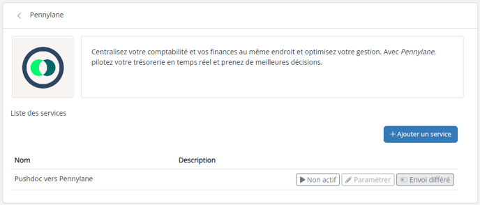 Capture d'écran de la page du connecteur Pennylane avant le paramétrage. La page présente un logo circulaire à gauche, suivi d'un texte indiquant : 'Centralisez votre comptabilité et vos finances au même endroit et optimisez votre gestion. Avec Pennylane, pilotez votre trésorerie en temps réel et prenez de meilleures décisions.' En dessous, la 'Liste des services' affiche un service intitulé 'Pushdoc vers Pennylane', avec trois boutons inactifs : 'Non actif', 'Paramétrer' et 'Envoi différé'. À droite, un bouton bleu 'Ajouter un service' est également visible.